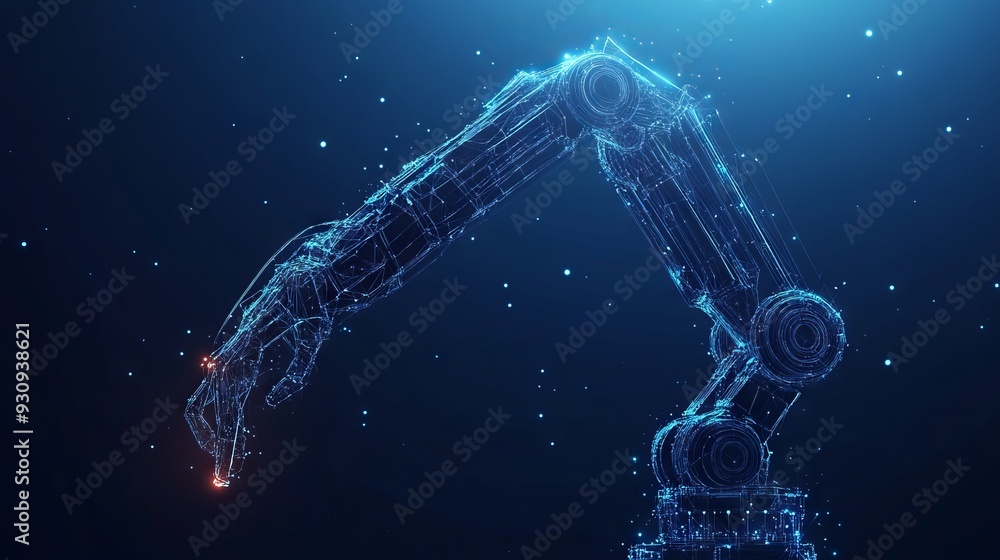 Poster robotic arm in blue background. automation concept. low poly wireframe with lines, dots and glowing 