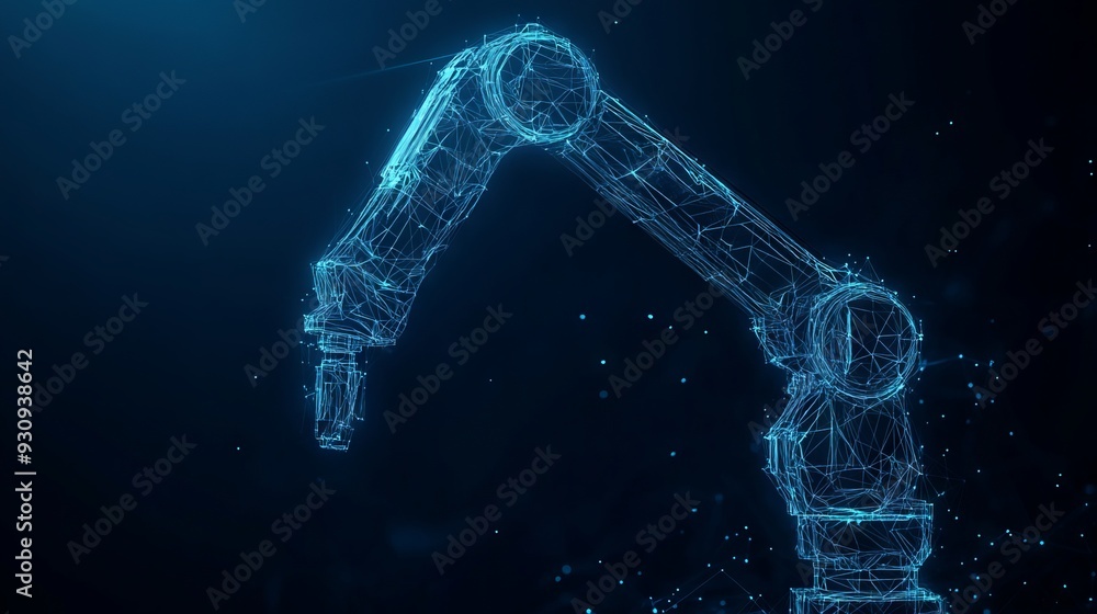 Poster robotic arm in blue background. automation concept. low poly wireframe with lines, dots and glowing 