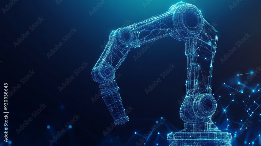 Poster robotic arm in blue background. automation concept. low poly wireframe with lines, dots and glowing 