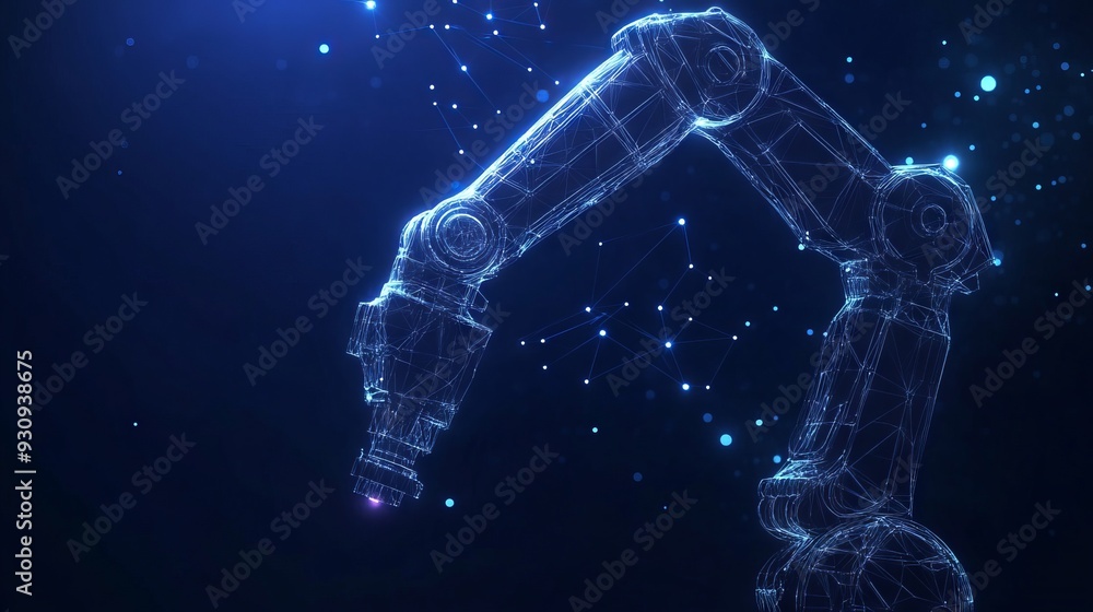 Poster robotic arm in blue background. automation concept. low poly wireframe with lines, dots and glowing 