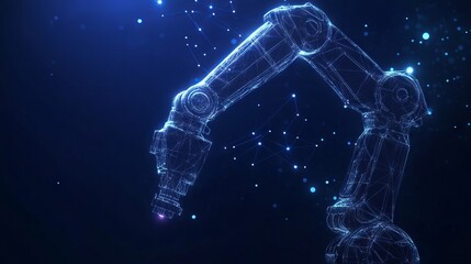 Robotic arm in blue background. Automation concept. Low poly wireframe with lines, dots and glowing particles