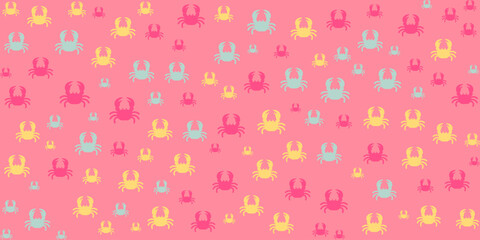 A seamless vector pattern featuring cute cartoon crabs in pastel colors. Perfect for summer designs, beach themes, and kids' products.
