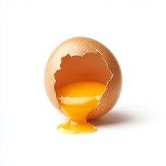Hyper-Realistic Cracked Egg with Spilled Yolk on White Background - Detailed and Isolated Culinary Concept
