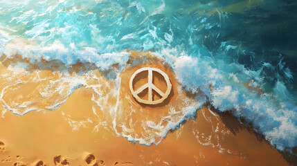 Naklejka premium The Serenity of Peace: How Nature Inspires Tranquility, Symbolism in the Sand: The Message of Peace from the Ocean, Coastal Harmony: The Meeting of Earth and Water in a Peaceful Gesture