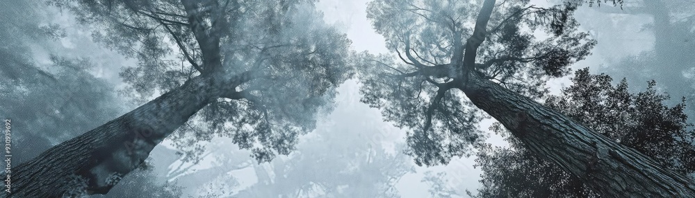 Poster a serene view of towering trees against a foggy sky, creating an ethereal and calming atmosphere in 