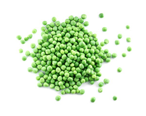 Pile of fresh green peas isolated on white, top view