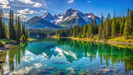 Beautiful Canadian wilderness in British Columbia with snow-capped mountains, crystal-clear lakes