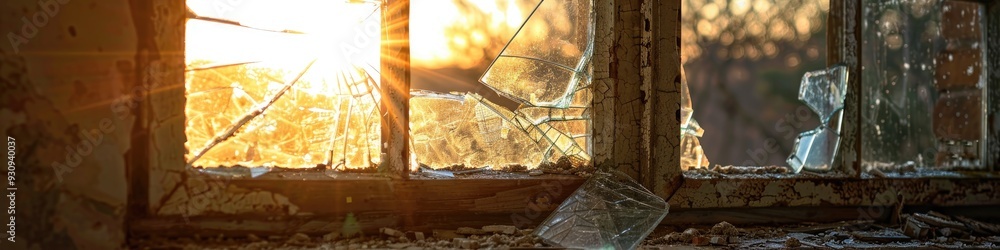 Aufkleber shattered glass in an abandoned building with a broken window
