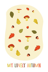 Autumn leaves and mushrooms arranged artistically on a light background