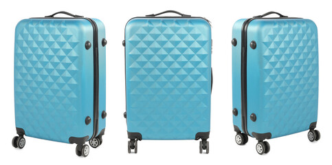 Set of light blue suitcase on white background, view from different sides
