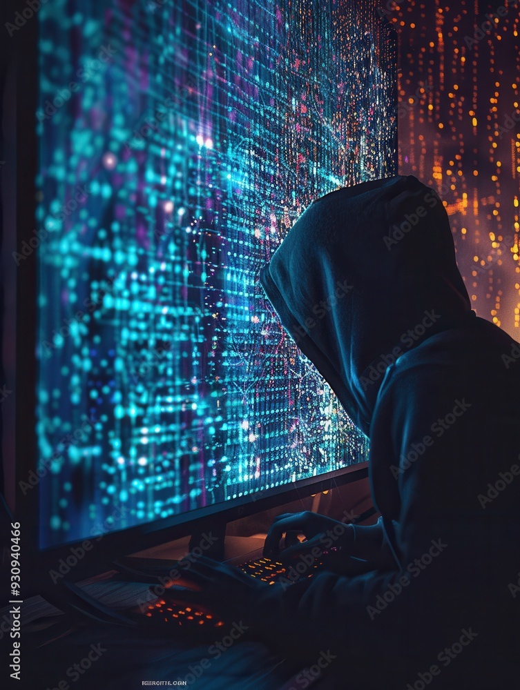 Poster A hacker in a hoodie focuses intensely on a computer, with a large screen glowing with matrix-like code in a dark setting. Generative AI