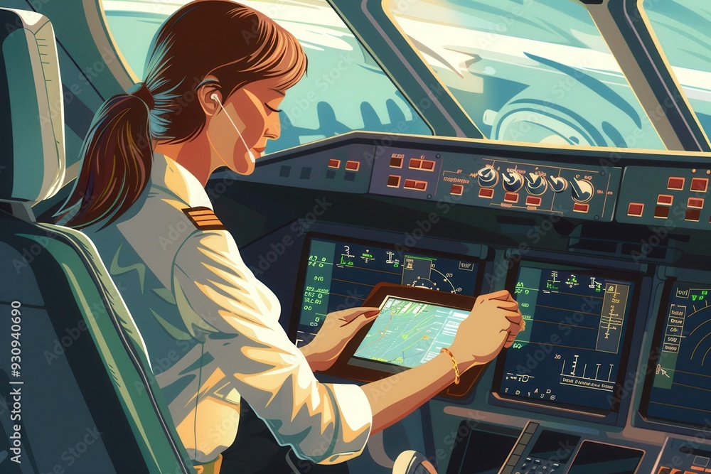 Poster The flight attendant checks flight details on a tablet while seated in the cockpit, readying for departure. Generative AI