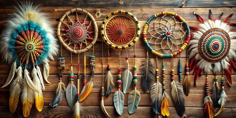 Native American cultural objects including feathers, headdresses, and dream catchers , Native American