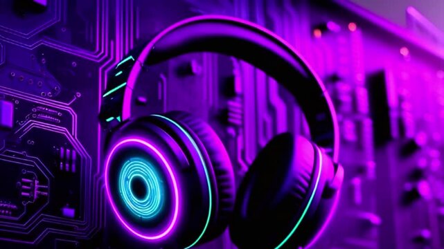 A pair of black headphones with neon purple and blue lights sit on a circuit board.