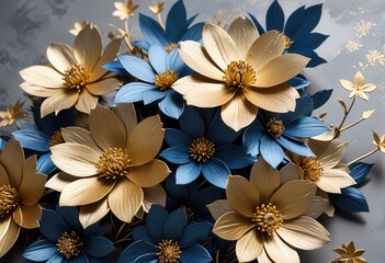 a cluster of metallic blue and gold flowers with a soft, textured grey background that has subtle map-like designs