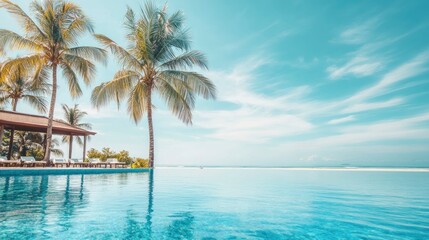 Fototapeta premium Summer Resort Beach Sea Relax Travel Vacation Palm Tropic Copy Space Banner Background Hotel, ai
