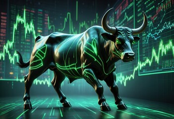 Obraz premium a digital bull with glowing horns and hooves, charging forward against a backdrop of neon green stock market graphs