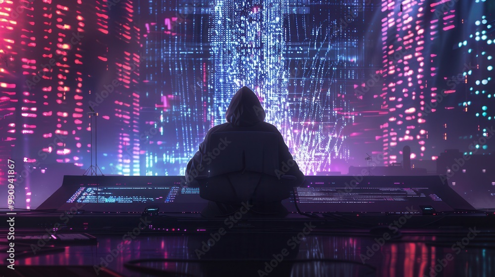 Aufkleber A silhouette of a hoodie-clad hacker works intently on a computer displaying vibrant, flowing code against a dark backdrop. Generative AI