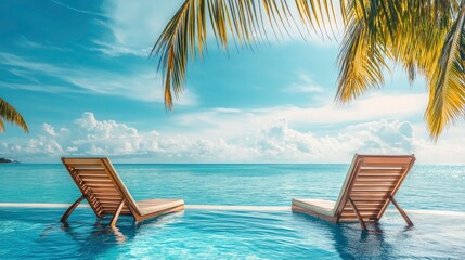 Obraz premium Summer Resort Beach Sea Relax Travel Vacation Palm Tropic Copy Space Banner Background Hotel, ai