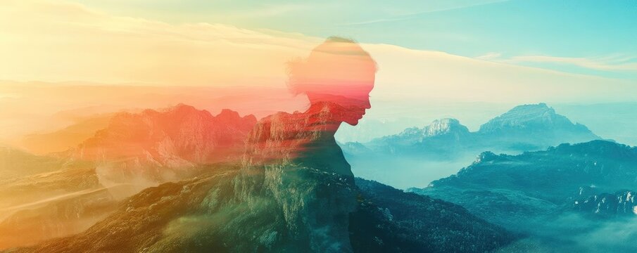 A serene double exposure image blending a person with a picturesque landscape, evoking harmony between nature and human spirit.