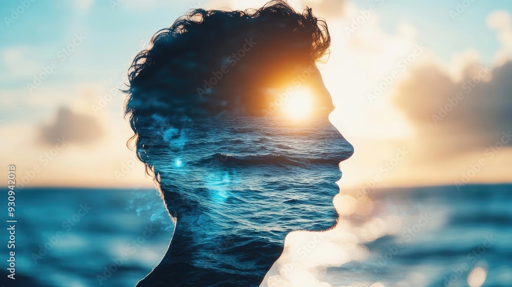 Poster silhouette of a person with an ocean landscape inside, symbolizing deep thoughts and connection to n