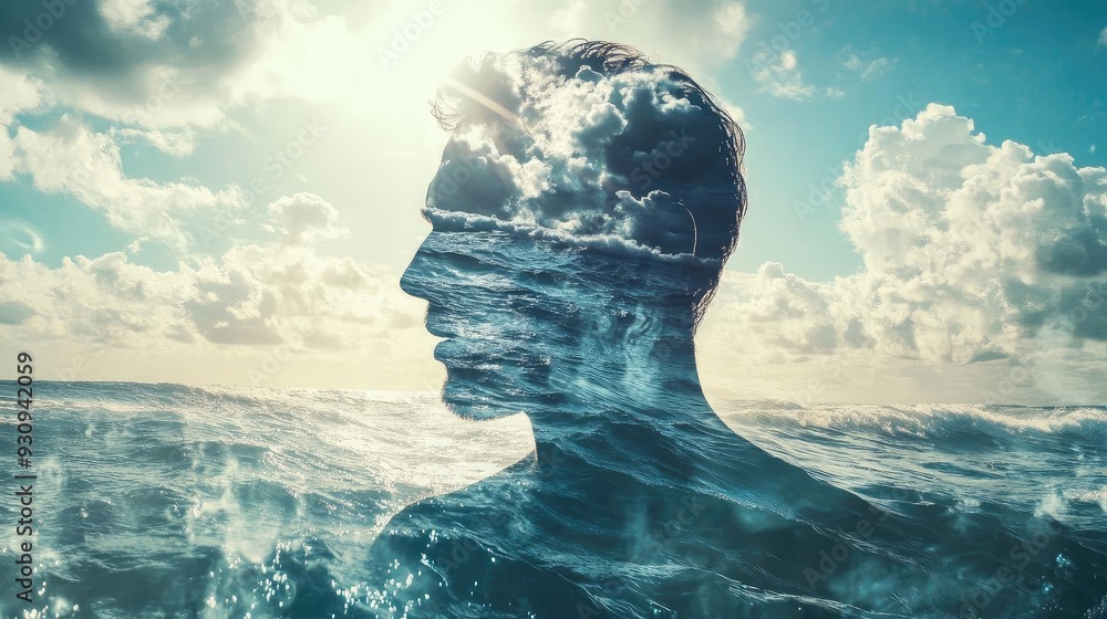 Poster a surreal image combining a human silhouette with ocean waves and clouds, representing the connectio