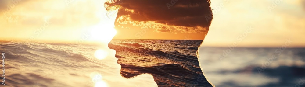 Poster a serene double exposure image blending a profile with a sunset over the ocean, symbolizing peace an