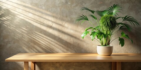 Blank wooden table with green houseplant leaves casting shadows against abstract stucco wall background, wooden table
