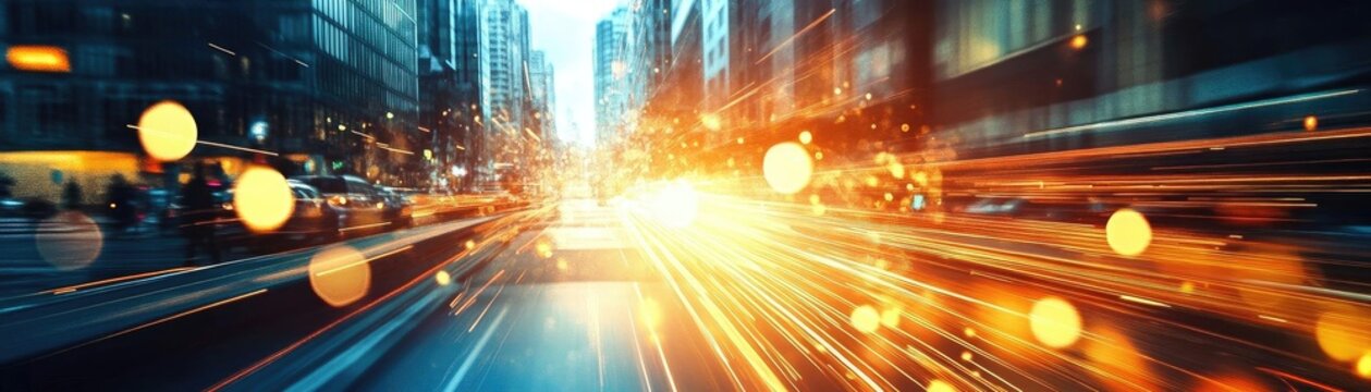 Dynamic cityscape featuring vibrant light trails, showcasing urban energy and fast-paced motion in a bustling environment.