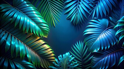 Tropical leaves illuminated with blue and green light , tropical, leaves, nature, green, blue, vibrant