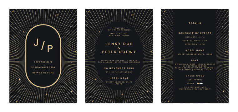 Wedding invitation template set, luxury elegant stars and sparkle black and gold tones