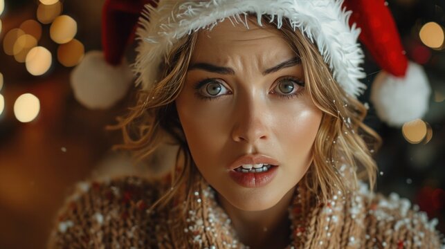 Stressed Santa Hat Woman Running Out of Time for Christmas