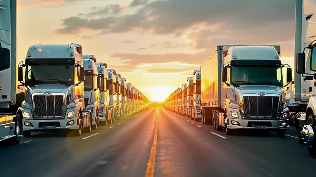 Row of white semi-trucks parked on asphalt. Golden sunlight bathes scene in warm glow. Dramatic sky with clouds adds depth. Represents logistics, transportation industry at day's end.	