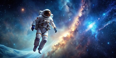 Fototapeta premium A lone astronaut floating in space surrounded by stars and galaxies, lonely, exploration, cosmos, space, universe
