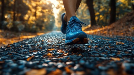 Close-Up of Running Shoes on Leaf-Covered Trail in Autumn Forest - Outdoor Fitness and Nature