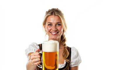 Beautiful waitress smiling beer mug drindl dress oktoberfest festival white background