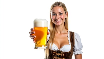 Beautiful waitress smiling beer mug drindl dress oktoberfest festival white background