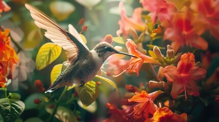 Fototapeta premium Hummingbird in Flight with Orange Flowers