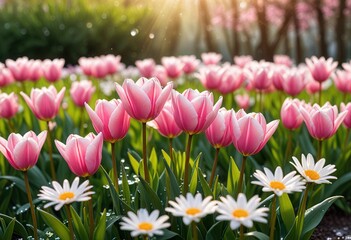 Fototapeta premium a serene spring morning with dew-covered pink tulips and white daisies basking in the soft sunlight, complete with a bokeh effect of glistening light spots in the background