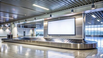 Elevated rectangular blank billboard above baggage carousels in spacious terminal, airport, advertisement, luggage