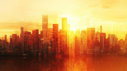 Fototapeta premium A stunning city skyline at sunset, showcasing vibrant colors and light reflections against modern architecture.