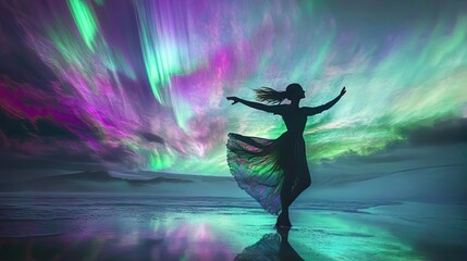 Obraz premium A graceful silhouette of a dancer against a vibrant aurora borealis, showcasing movement and elegance in a stunning natural setting.