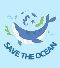 Ocean Environmental Protection Logo Illustration with Whales and Marine Life