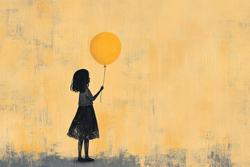 A cheerful illustration of a girl holding a yellow balloon, evoking joy and carefree childhood play. Suitable for party invitations or children's book illustrations.
