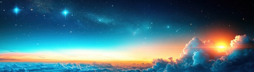 Naklejka premium Enchanting Night Sky with Twinkling Stars and Playful Clouds for Copy Space.