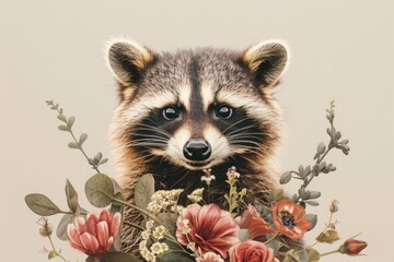 Obraz premium Raccoon with a bouquet of flowers