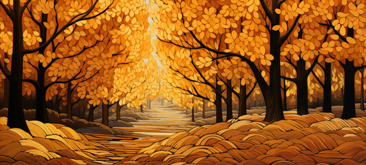 Golden forest, golden leaves, yellow trees, a path leading into the distance in autumn, stained glass-style, simple lines, flat illustration, high resolution, high detail, high quality.