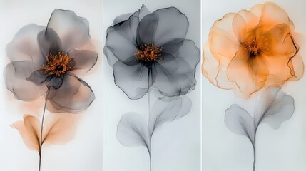 These three abstract wall art panels feature translucent flowers skillfully made with alcohol ink, showcasing a mesmerizing blend of colors and an ethereal beauty that captivates viewers