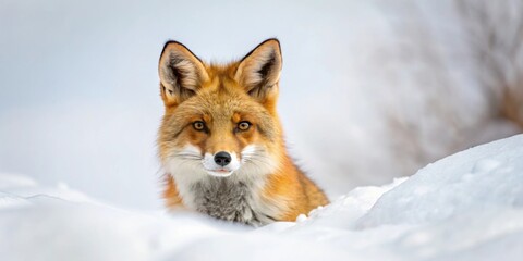 Fototapeta premium Red fox camouflaged in white snow background , wildlife, winter, nature, animal, predator, fur, cold, forest, hunting