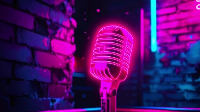 A neon pink microphone in front of a brick wall, lit by colorful lights.
